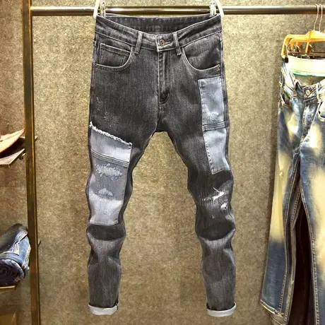 时尚潮流牛仔裤男士磨毛破洞修身小脚裤潮牌撞色拼接弹力男款裤子商品大图