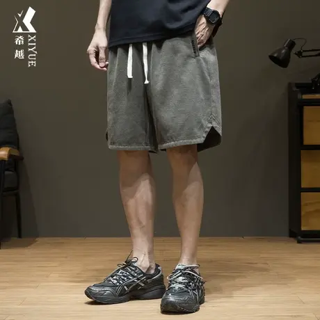 希越复古深灰绿休闲短裤男夏季个性开叉五分裤子宽松大码胖子中裤商品大图