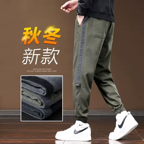 春季2024年新款男士竖条纹军绿色工装春秋款潮牌束脚九分休闲裤子商品大图