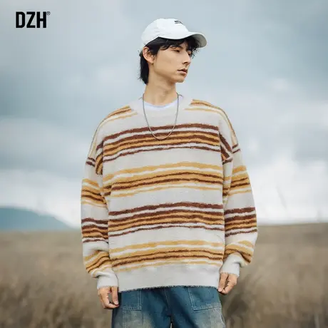 男士撞色条纹圆领毛衣男宽松慵懒风2024新款秋冬仿貂毛针织衫外套图片