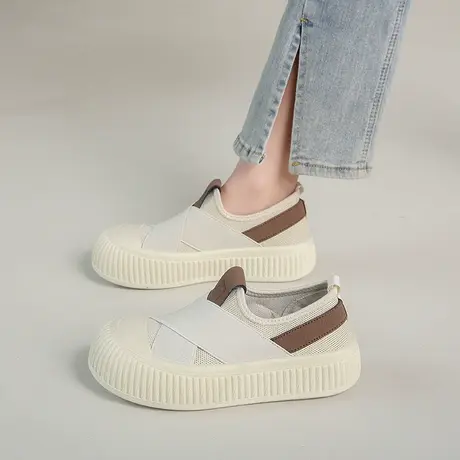 网面透气小白鞋女弹力带一脚蹬大头休闲鞋2023夏季新款飞织板鞋女商品大图