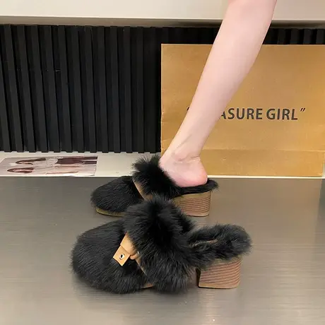 包头半拖鞋外穿女2023早秋新款超火时尚仙女气质拖鞋粗跟毛毛棉拖商品大图