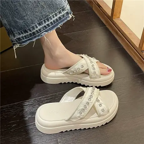 厚底拖鞋女夏季外穿时尚洋气一字拖增高水钻今年新款交叉夏天凉拖商品大图