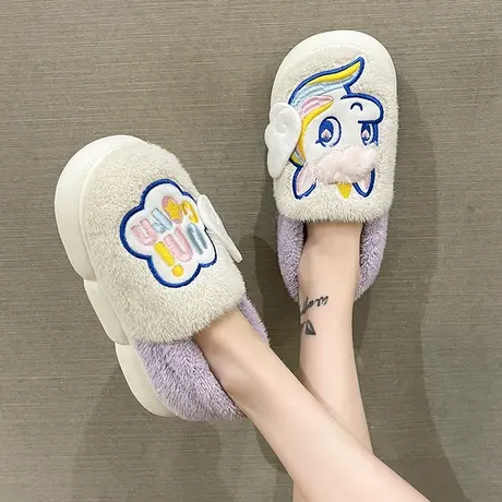 棉拖鞋女士冬季包跟可爱独角兽毛绒保暖厚底室内家居防滑月子棉鞋商品大图