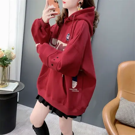 本命年红色加绒加厚连帽卫衣女秋冬2023新款洋气减龄oversize外套商品大图