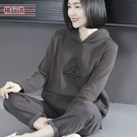 2024春季新款纯色简约休闲连帽绣花宽松长袖T恤女大码上衣妈妈装商品大图