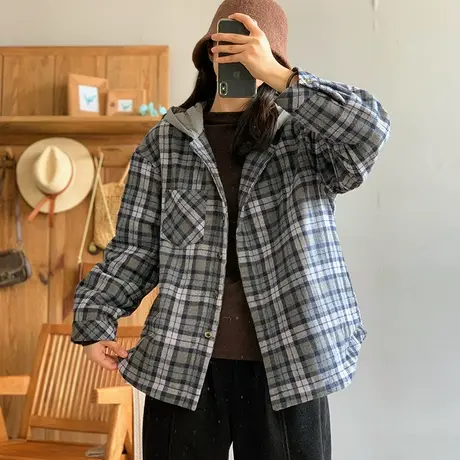 dza 加厚拼接连帽格子棉衣外套女冬加厚宽松棉服休闲短款口袋棉袄商品大图