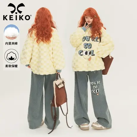 [重工刺绣]剪绒格子羊羔毛卫衣冬季童趣慵懒风加厚Polo领毛绒外套图片