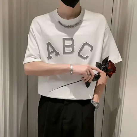 欧美潮牌t恤男夏季项链修身设计感小众短袖潮流学生字母百搭体恤商品大图