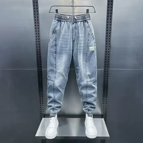 夏季裤子男款牛仔裤潮牌薄款痞帅九分哈伦裤2023新款潮男束脚裤图片