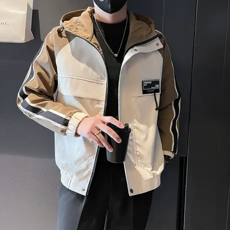 潮牌春秋季2023新款拼色冲锋衣外套男连帽工装夹克机车上衣痞帅潮商品大图