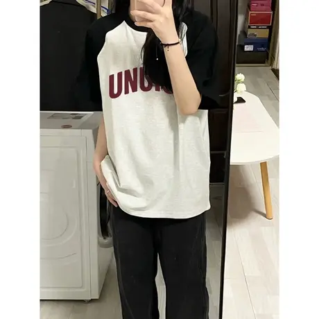 美式复古插肩短袖T恤女夏季宽松显瘦百搭字母印花纯棉半袖上衣潮商品大图