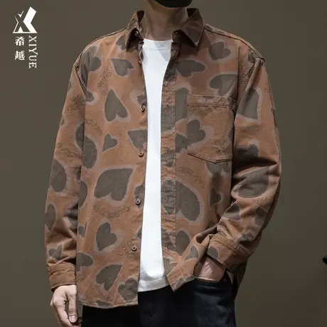 希越爱心满印衬衫男2024春季款宽松大码男士外套美式潮牌衬衣男装商品大图