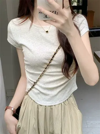 正肩短袖T恤女夏季纯棉紧身褶皱显瘦不规则设计感短款小个子上衣商品大图