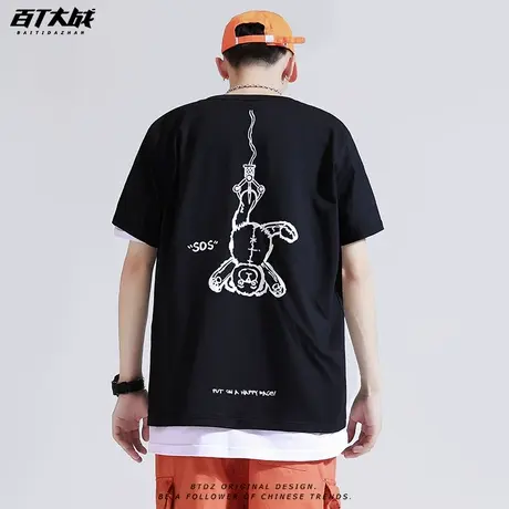 欧美潮牌网红小熊t恤男ins超火情侣上衣女夏季宽松纯棉港风体恤衫商品大图