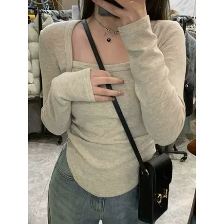 方领打底衫女秋冬内搭修身显瘦长袖t恤小众设计感短款ins韩系上衣商品大图