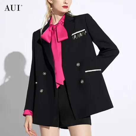 AUI黑色职业气质廓形宽松西装外套女2024年春秋新款垫肩休闲西服图片