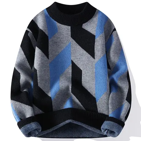 毛衣男秋冬款加厚圆领羊毛衫潮牌复古撞色时尚休闲针织线衣服外套商品大图