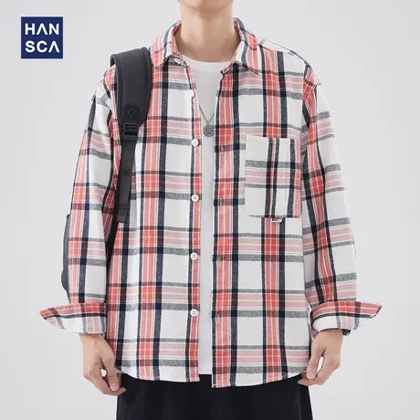 hansca翻领长袖衬衫男春季新款高级港风彩格休闲宽松百搭衬衣外套商品大图