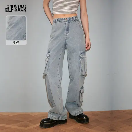 妖精的口袋工装风浅色阔腿牛仔裤女2024春新款高腰小个子宽松裤子商品大图