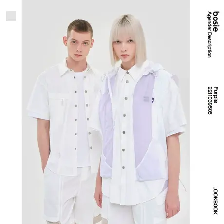 【群聊专享】商场同】bosie23年夏新款短袖男情侣假两件叠穿衬衫图片