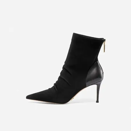 Nine West/玖熙2023年秋冬新款时装靴女短靴尖头羊反绒拼接细跟靴图片