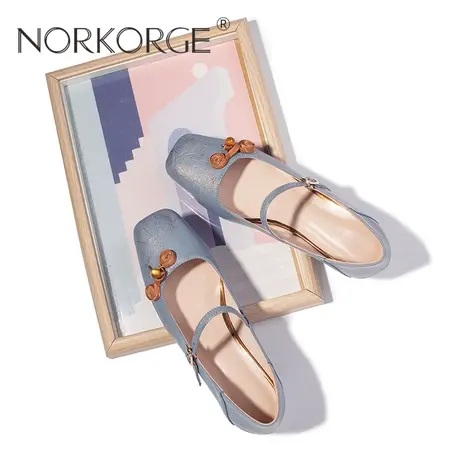 原创新款森女文艺蓝金色玛丽珍高跟鞋粗跟方头小众设计气质单鞋女图片