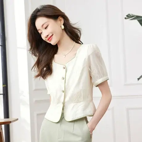 时尚气质天丝短袖衬衫2023年夏季新款淑女温柔方领显瘦通勤上衣商品大图