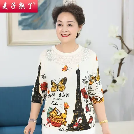 妈妈夏装印花宽松老人短袖T恤2022新款洋气小衫上衣服中老年女装图片