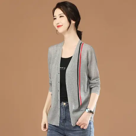 韩潮袭人V领条纹针开织衫外套女2023夏新款宽松休闲防晒空调衫薄商品大图