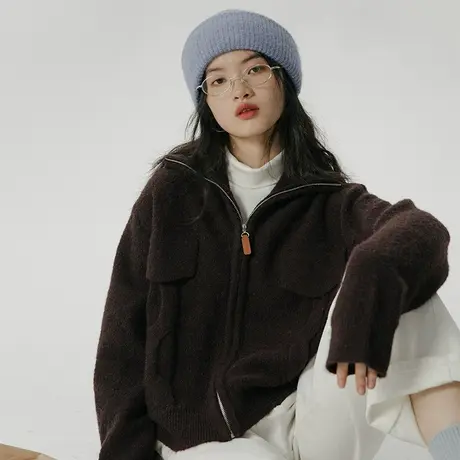 omont蛋挞家 翻领短款毛衣女秋冬2023新款拉链慵懒风羊毛开衫外套商品大图