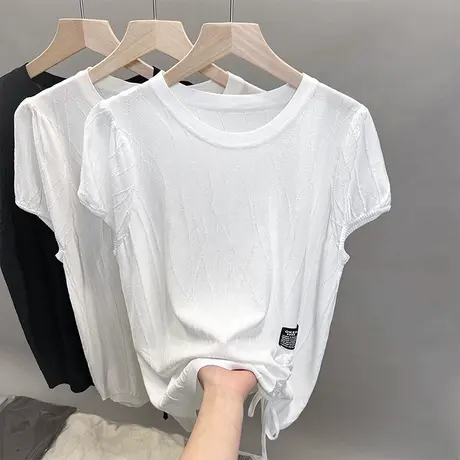 圆领冰丝针织衫女2023春夏秋新款宽松外穿上衣系带短袖薄t恤衫潮商品大图