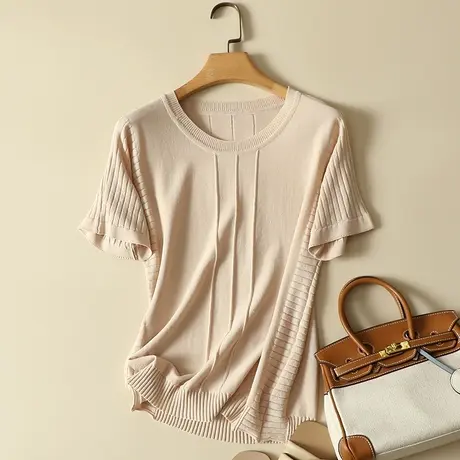 春装薄款圆领冰丝针织衫女短款套头宽松洋气短袖t恤女打底衫上衣商品大图