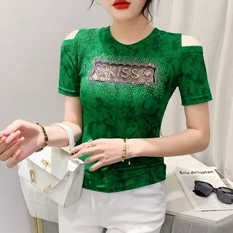 网纱拼接短袖T恤女ins夏季性感镂空露肩上衣重工烫钻小衫修身半袖商品大图