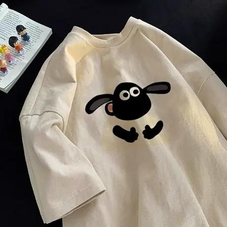 美式卡通t恤女oversize大码纯棉短袖ins潮圆领情侣上衣夏小众百搭图片