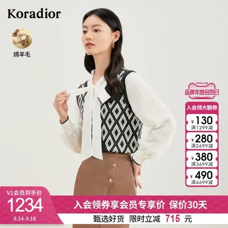 珂莱蒂尔新款法式复古羊毛针织衫女长袖v领拼接设计感羊毛衫上衣图片