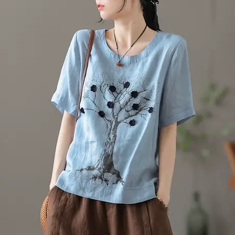 dza复古薄款亚麻短袖t恤女士2023夏薄款漂亮棉麻上衣女装白色打底商品大图