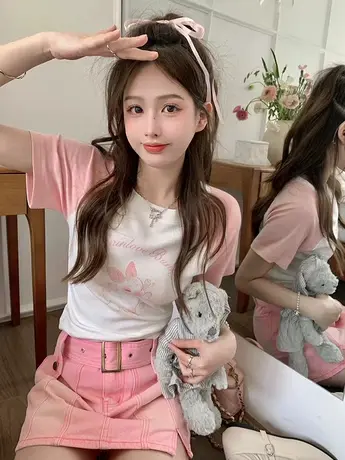 粉色甜美可爱兔子内搭正肩短袖T恤女夏季修身显瘦短款打底ins上衣图片