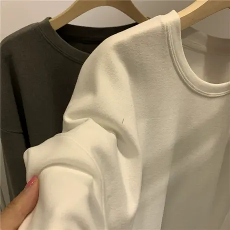 秋冬2022新款柔软德绒打底衫女宽松百搭休闲过臀t恤叠穿白色上衣商品大图