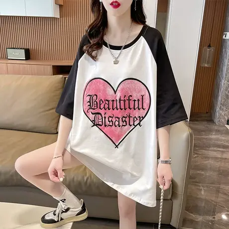 小众设计感短袖t恤女夏装韩版宽松大码中长款下衣失踪撞色上衣服图片