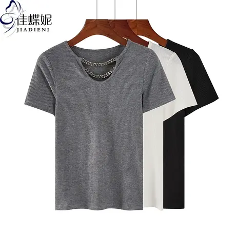 夏季新款韩版金属感圆领纯棉修身显瘦纯色简约短袖体恤上衣内搭女商品大图