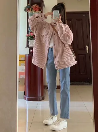 oversize灯芯绒外套女春秋季宽松ins潮原宿港风设计感高街棒球服图片