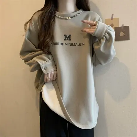 加绒加厚圆领打底衫女秋冬内搭叠穿卫衣洋气宽松显瘦长袖大码上衣商品大图