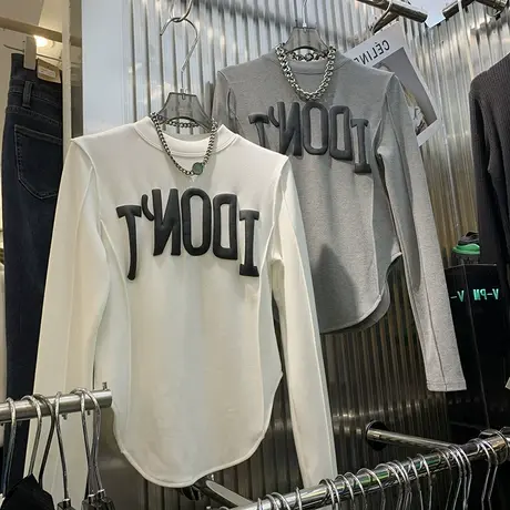 欧美叠穿2022新款内搭打底衫洋气白色上衣小众别致不规则长袖T恤商品大图