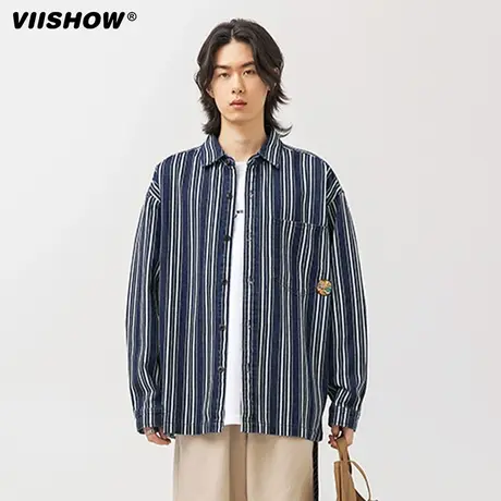 VIISHOW日系复古条纹长袖衬衫男潮牌ins宽松休闲衬衣情侣外套上衣商品大图