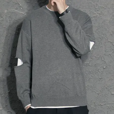 奕飏假两件圆领毛衣男2021秋冬新款国潮流线衣宽松针织衫打底毛衫图片