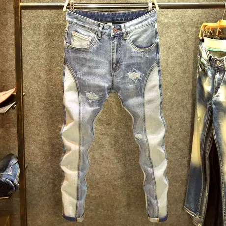 春秋款牛仔裤男破洞潮ins高街修身小脚裤个性撞色拼接百搭裤子男商品大图