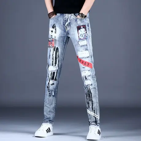 秋款潮流印花破洞牛仔裤男款2023轻奢潮牌修身小脚美式高街裤子男图片