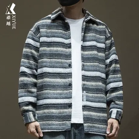 日系复古羊毛衬衫男外套秋冬宽松大码重磅加厚民族风条纹毛衣男装商品大图