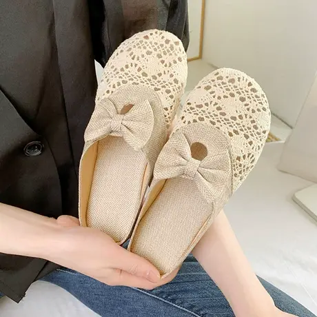 蕾丝亚麻包头半拖鞋女2023夏季新款网面平底一脚蹬懒人凉拖鞋外穿图片